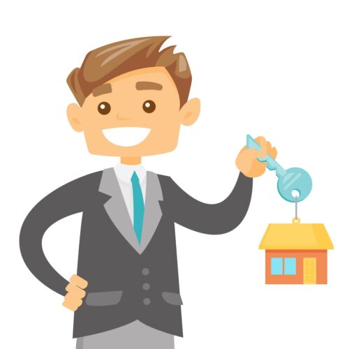 Young caucasian owner holding key to his new house Young happy caucasian white owner holding key to his new house. Smiling buyer with keys and trinket in the shape of house. Vector cartoon illustration isolated on white background. Square layout.